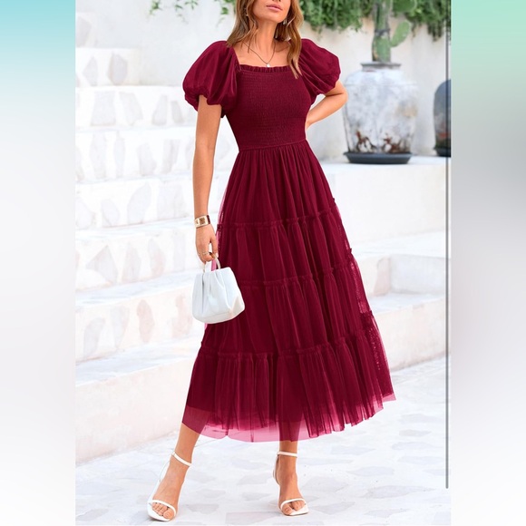 PrettyGarden Dresses & Skirts - Smocked Tulle Midi Dress | 2025 Summer | Square Neck | Puffy Short Sleeve